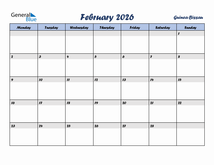 February 2026 Calendar with Holidays in Guinea-Bissau