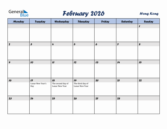 February 2026 Calendar with Holidays in Hong Kong