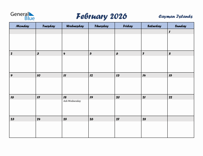 February 2026 Calendar with Holidays in Cayman Islands