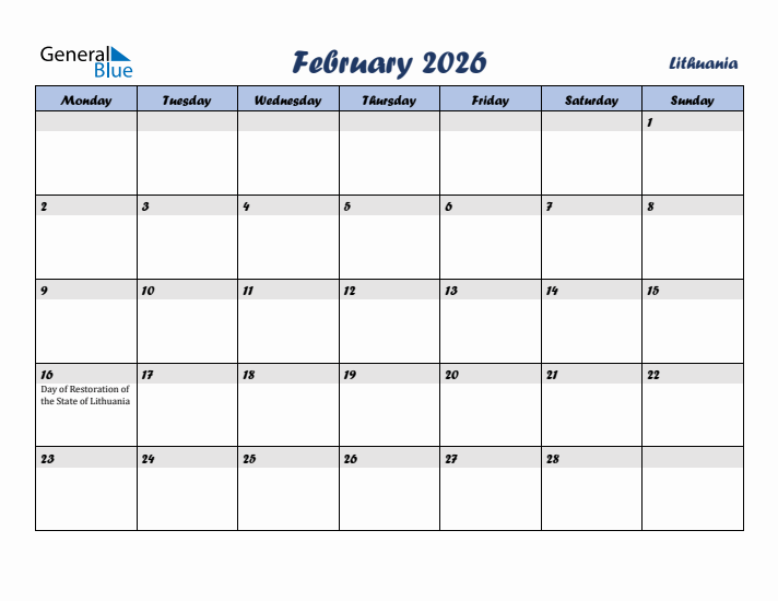 February 2026 Calendar with Holidays in Lithuania