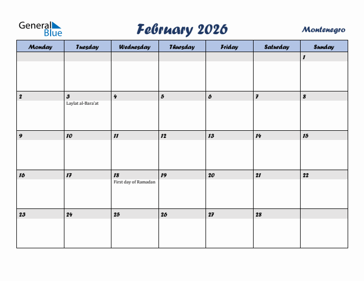 February 2026 Calendar with Holidays in Montenegro