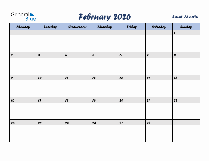February 2026 Calendar with Holidays in Saint Martin