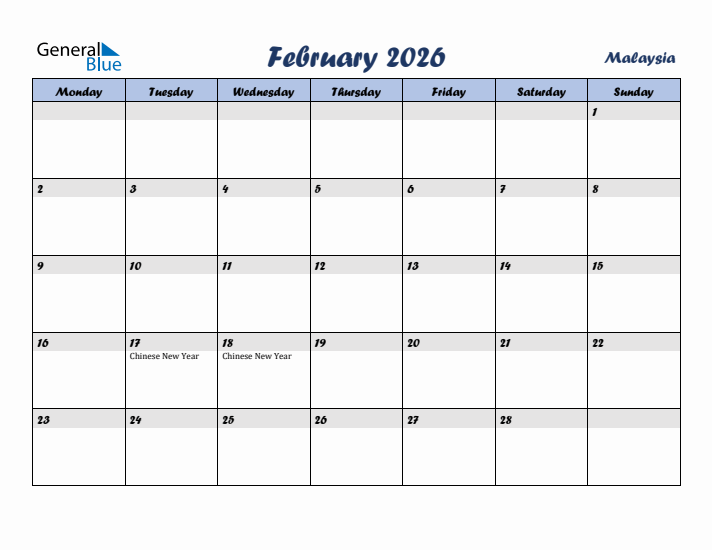 February 2026 Calendar with Holidays in Malaysia