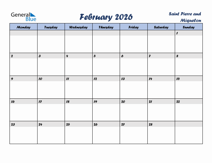 February 2026 Calendar with Holidays in Saint Pierre and Miquelon