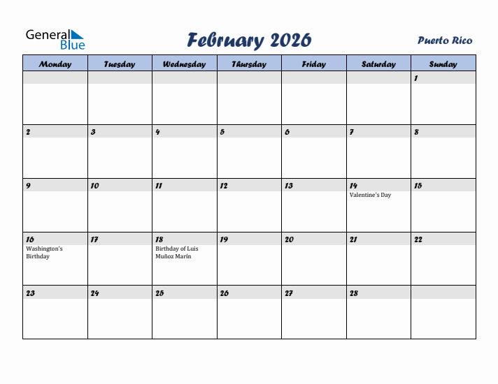 February 2026 Calendar with Holidays in Puerto Rico