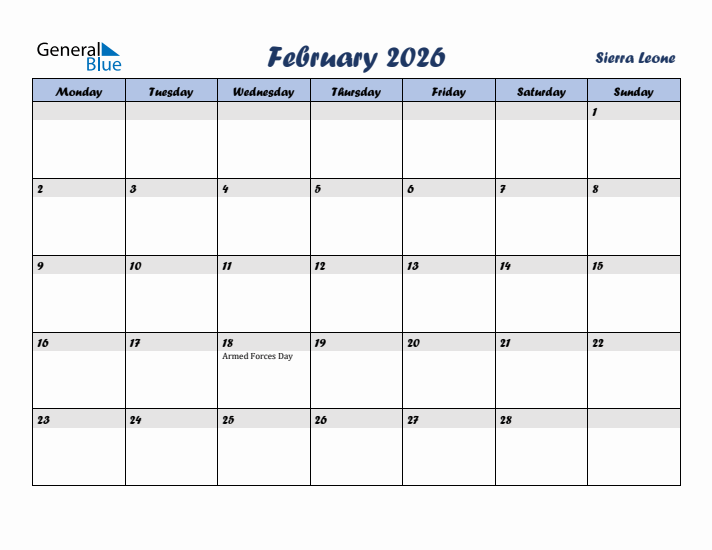 February 2026 Calendar with Holidays in Sierra Leone