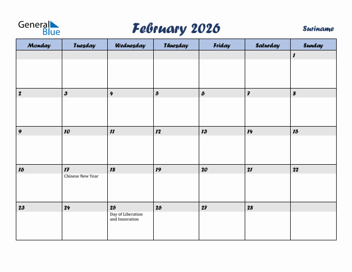 February 2026 Calendar with Holidays in Suriname