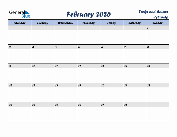 February 2026 Calendar with Holidays in Turks and Caicos Islands