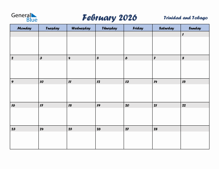 February 2026 Calendar with Holidays in Trinidad and Tobago