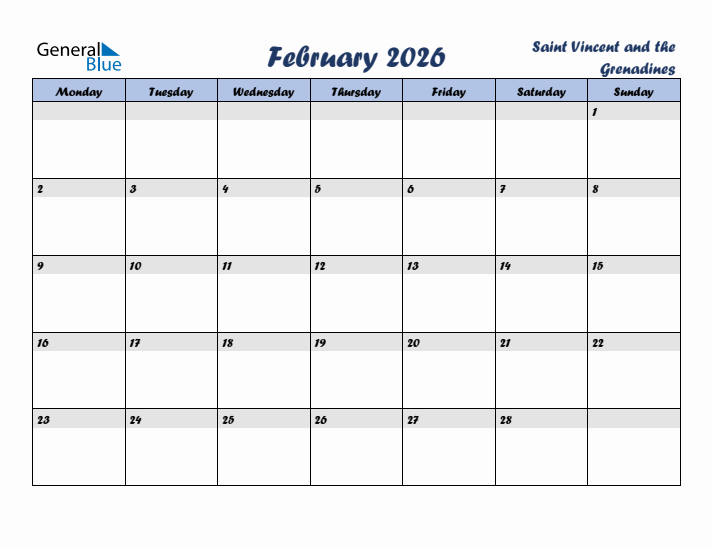 February 2026 Calendar with Holidays in Saint Vincent and the Grenadines