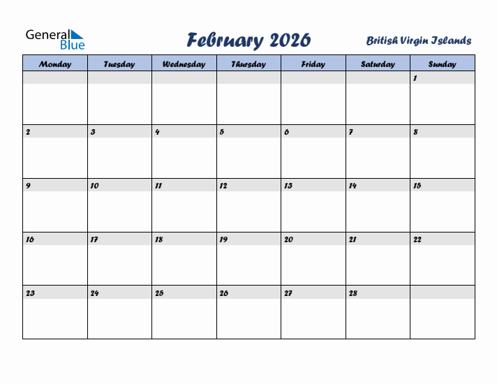 February 2026 Calendar with Holidays in British Virgin Islands