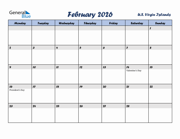 February 2026 Calendar with Holidays in U.S. Virgin Islands
