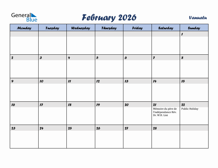 February 2026 Calendar with Holidays in Vanuatu