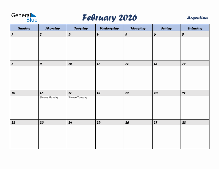 February 2026 Calendar with Holidays in Argentina
