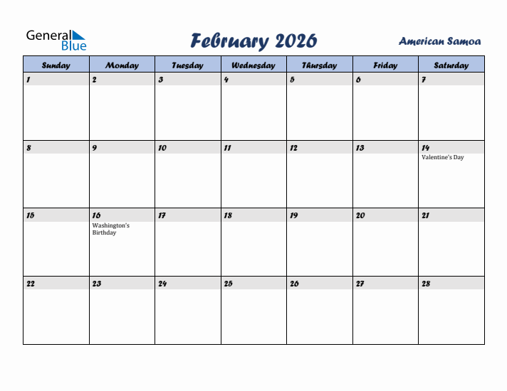 February 2026 Calendar with Holidays in American Samoa
