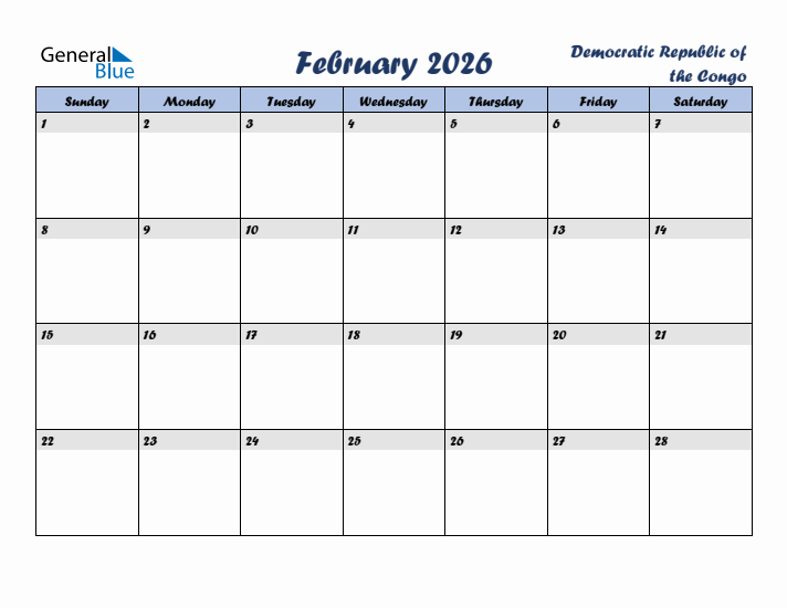 February 2026 Calendar with Holidays in Democratic Republic of the Congo