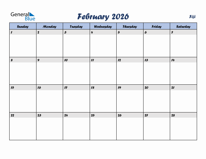 February 2026 Calendar with Holidays in Fiji