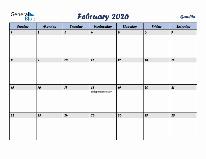 February 2026 Calendar with Holidays in Gambia
