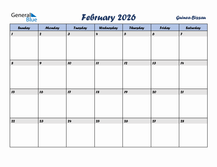 February 2026 Calendar with Holidays in Guinea-Bissau