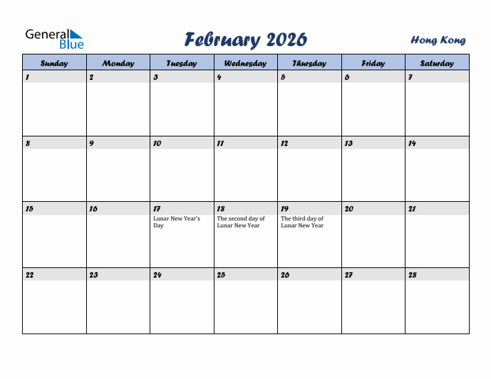February 2026 Calendar with Holidays in Hong Kong