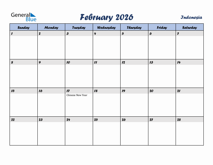 February 2026 Calendar with Holidays in Indonesia
