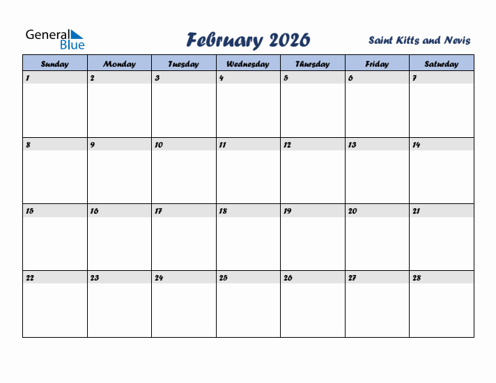 February 2026 Calendar with Holidays in Saint Kitts and Nevis