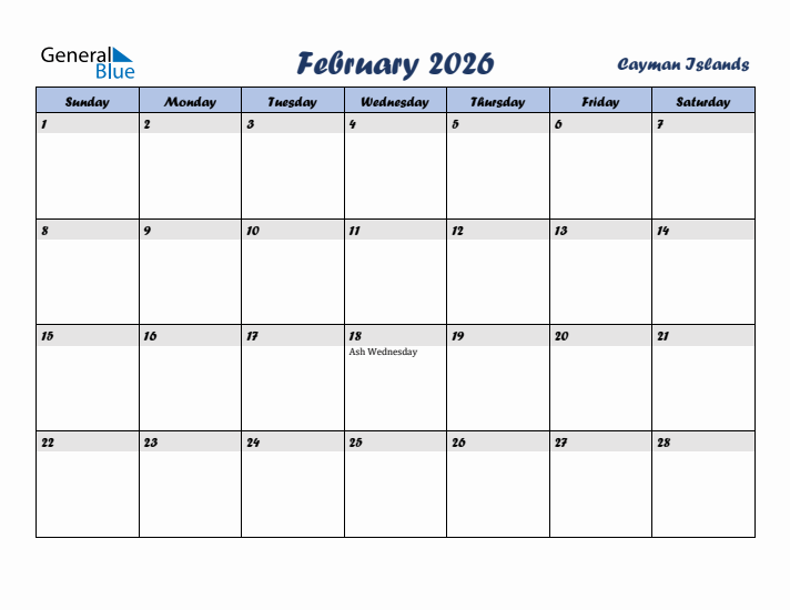 February 2026 Calendar with Holidays in Cayman Islands