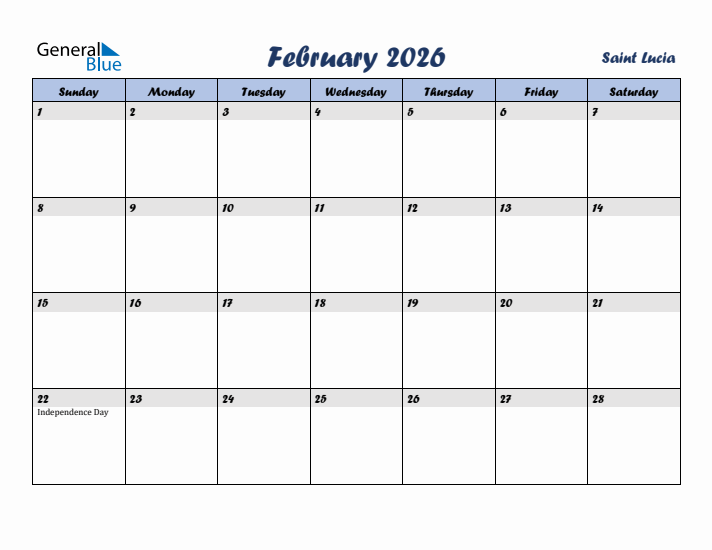 February 2026 Calendar with Holidays in Saint Lucia