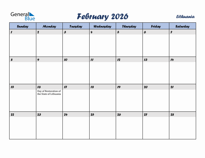 February 2026 Calendar with Holidays in Lithuania