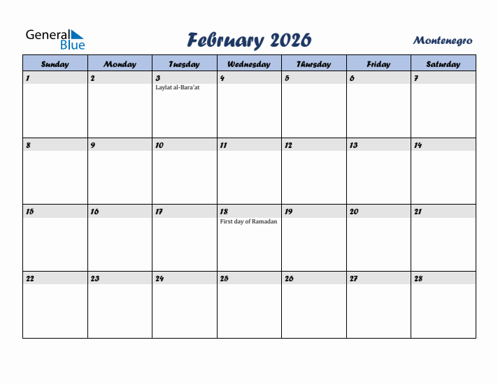 February 2026 Calendar with Holidays in Montenegro