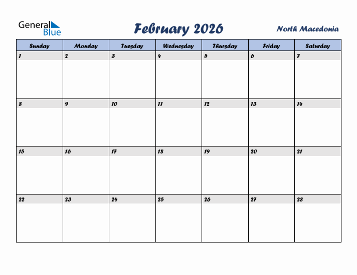 February 2026 Calendar with Holidays in North Macedonia