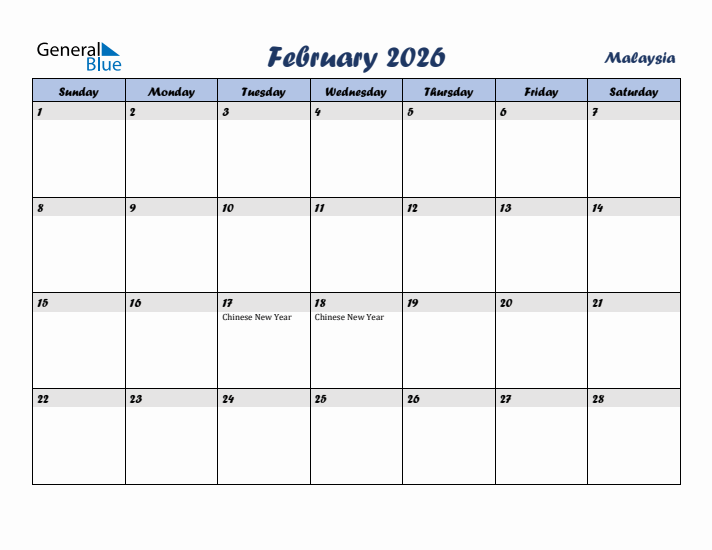 February 2026 Calendar with Holidays in Malaysia