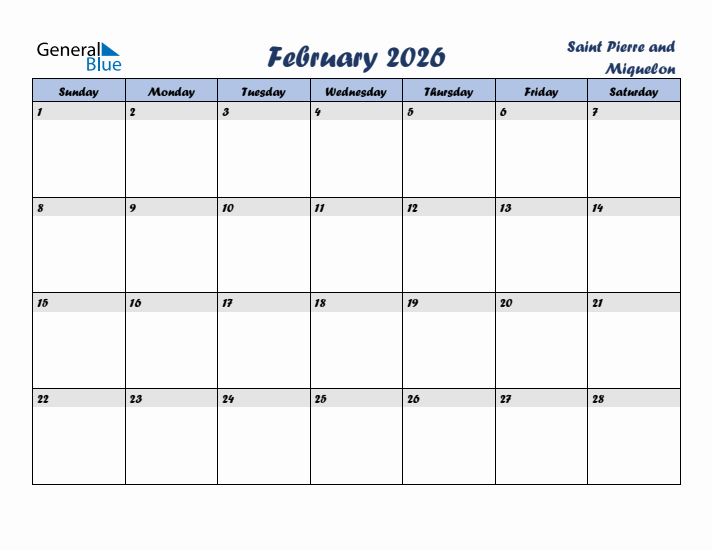 February 2026 Calendar with Holidays in Saint Pierre and Miquelon