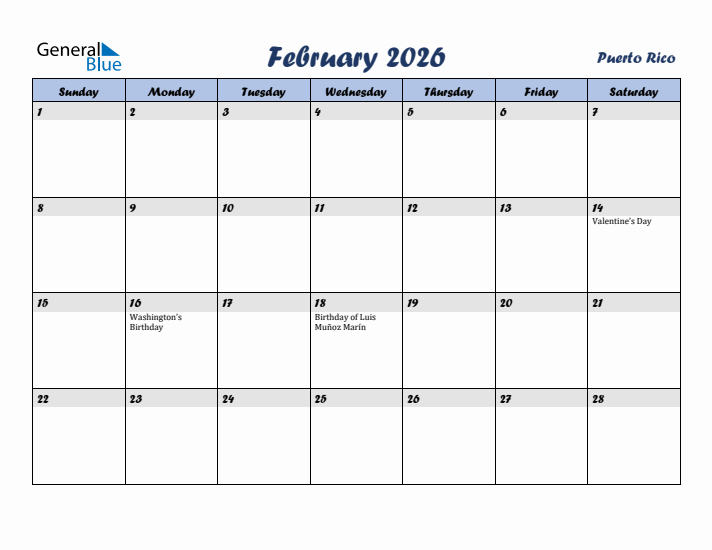 February 2026 Calendar with Holidays in Puerto Rico