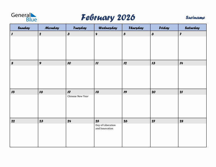 February 2026 Calendar with Holidays in Suriname