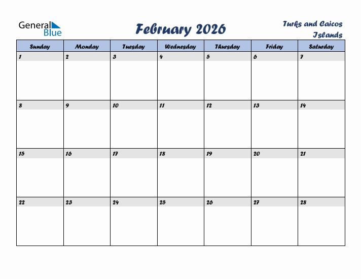 February 2026 Calendar with Holidays in Turks and Caicos Islands