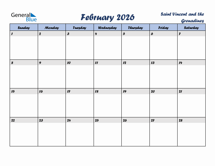 February 2026 Calendar with Holidays in Saint Vincent and the Grenadines