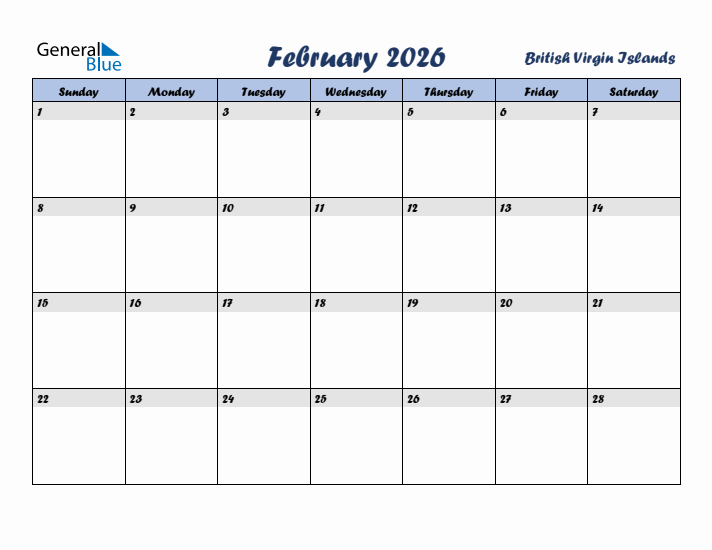 February 2026 Calendar with Holidays in British Virgin Islands