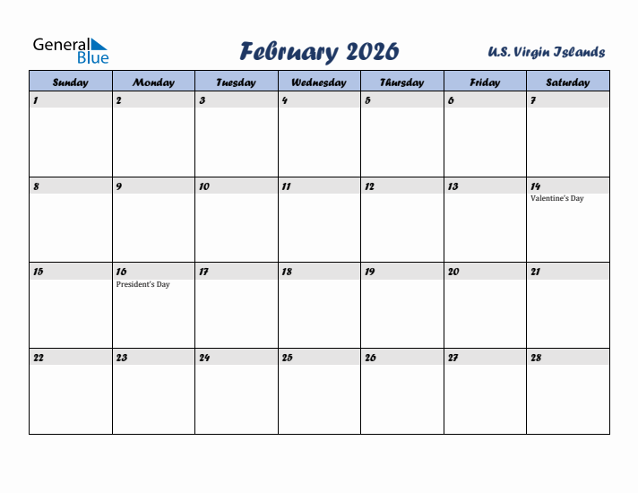 February 2026 Calendar with Holidays in U.S. Virgin Islands
