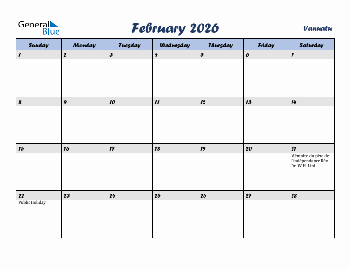 February 2026 Calendar with Holidays in Vanuatu
