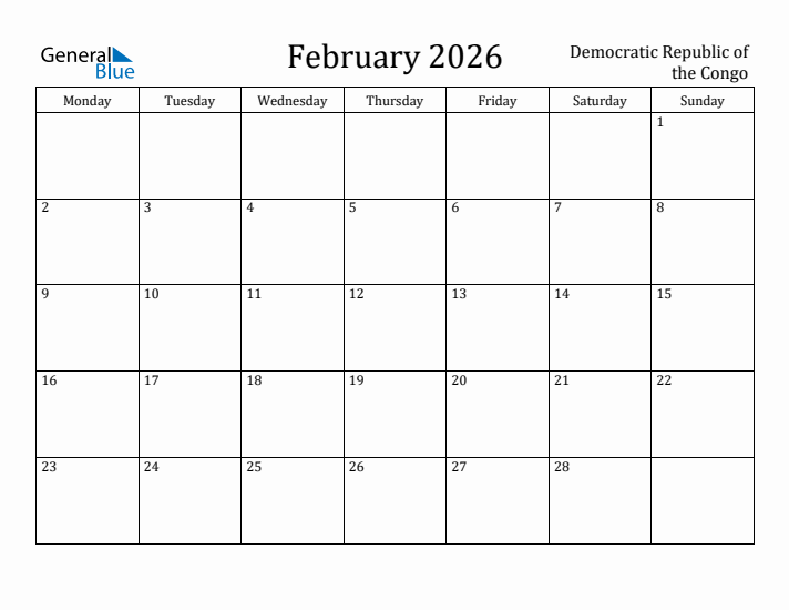 February 2026 Calendar Democratic Republic of the Congo