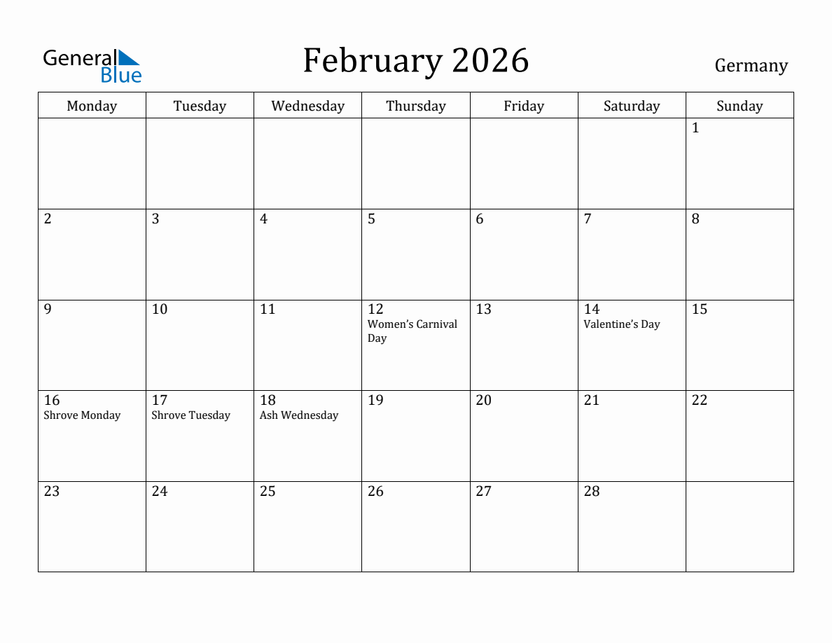 February 2026 Monthly Calendar with Germany Holidays
