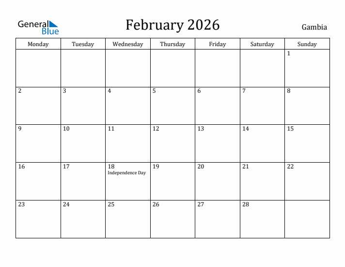 February 2026 Calendar Gambia