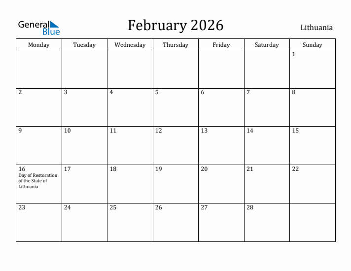 February 2026 Calendar Lithuania