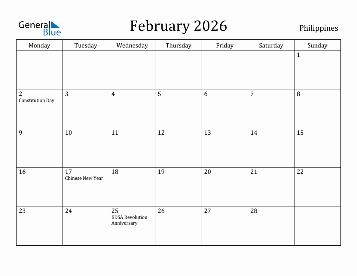 February 2026 Philippines Monthly Calendar with Holidays