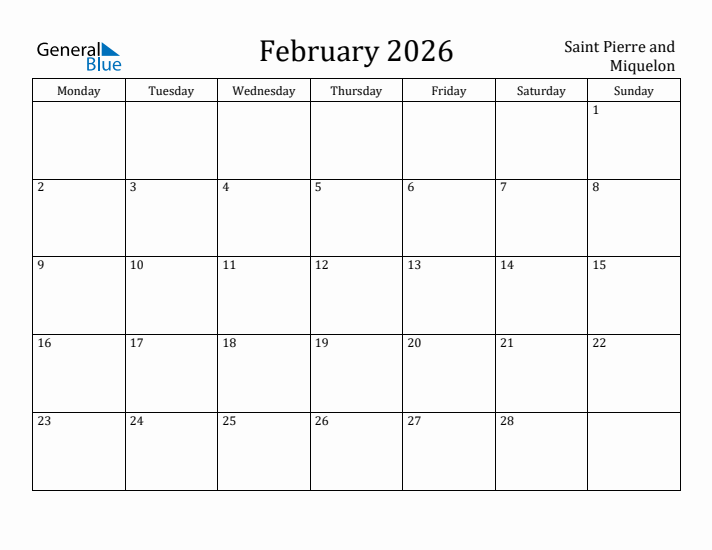 February 2026 Calendar Saint Pierre and Miquelon