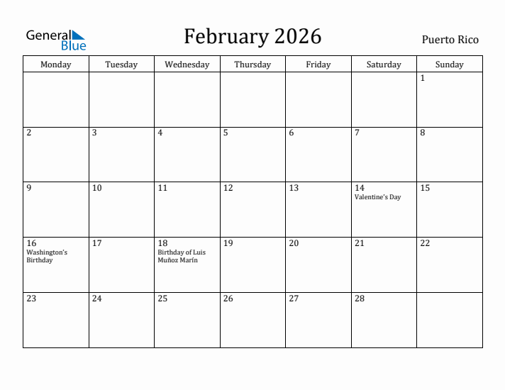 February 2026 Calendar Puerto Rico