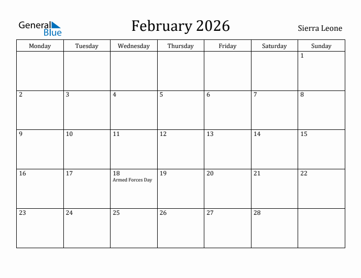 February 2026 Calendar Sierra Leone