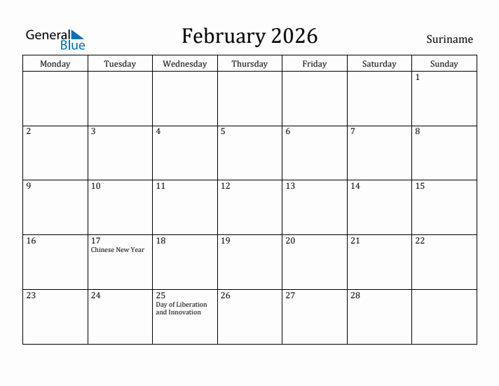 February 2026 Calendar Suriname