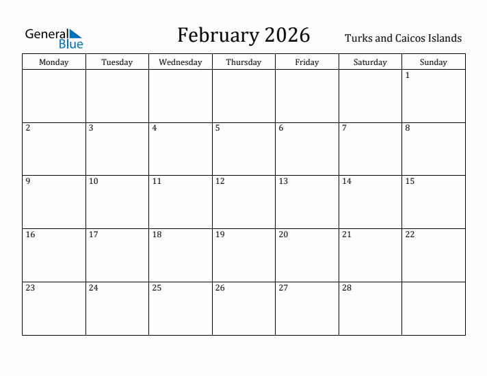 February 2026 Calendar Turks and Caicos Islands